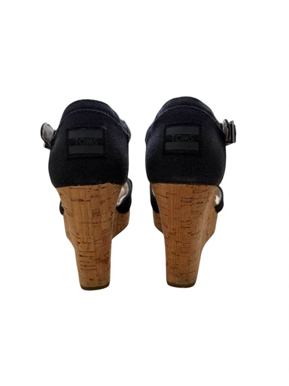 Toms Gia Platform Black Cork Wedge Sandals with Ankle Strap